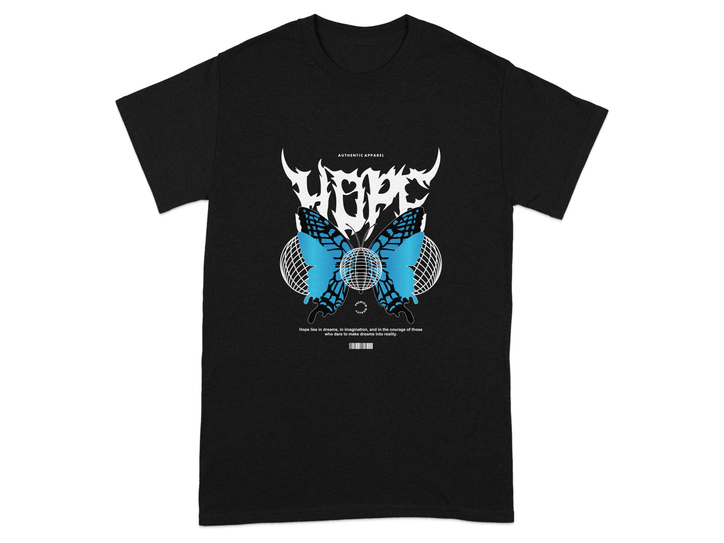 Black Tee With Blue Butterfly And Typography Design