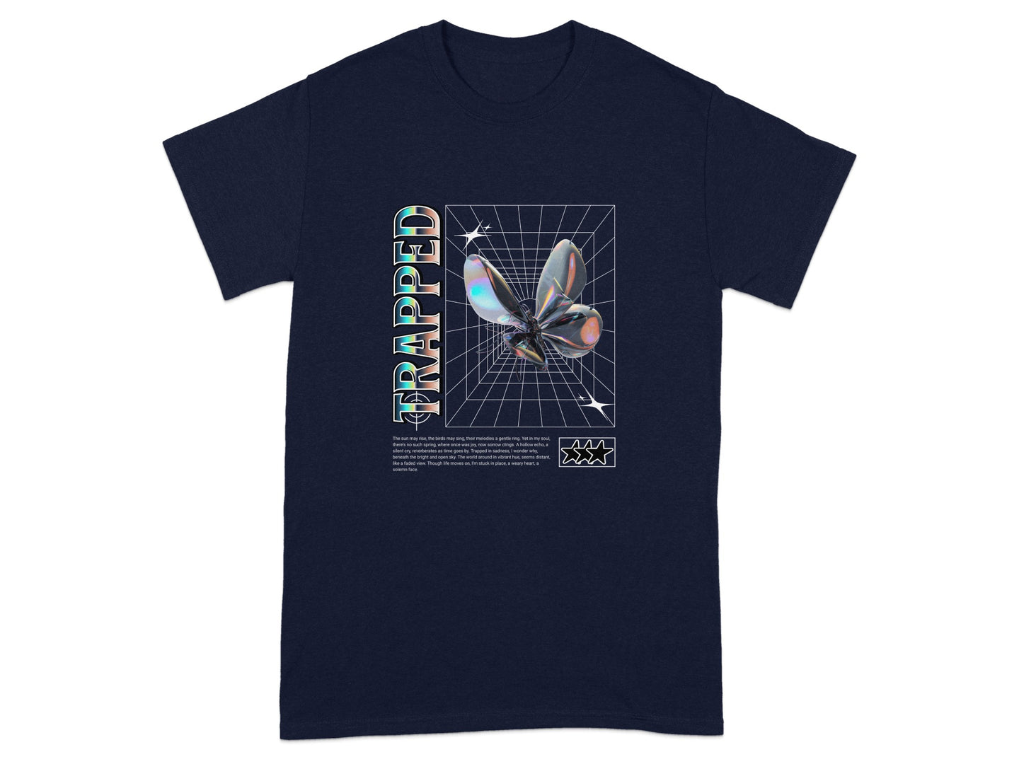 Trapped Butterfly Graphic on Dark Blue T-Shirt