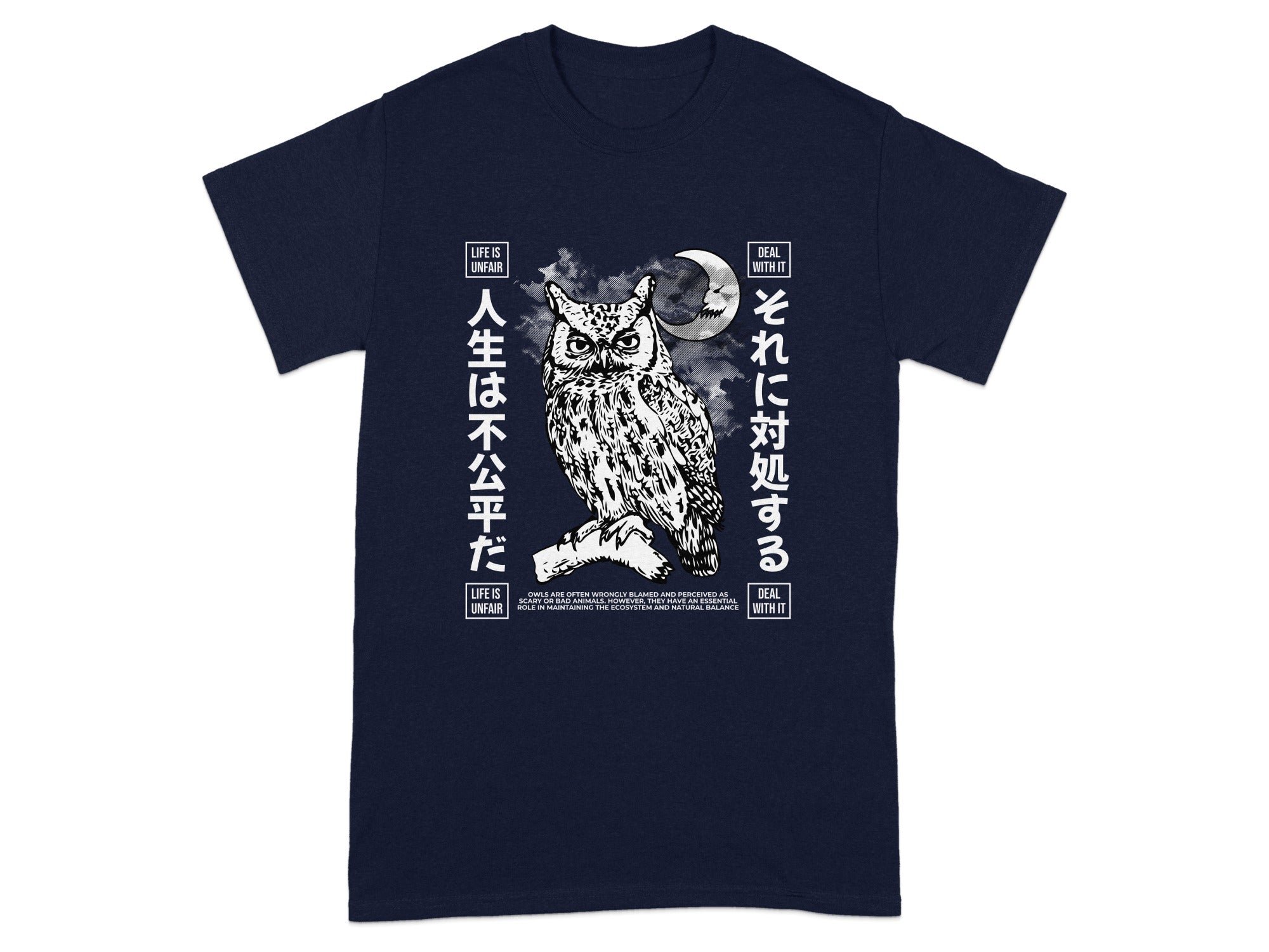 Owl Graphic Shirt with Japanese Text Statement