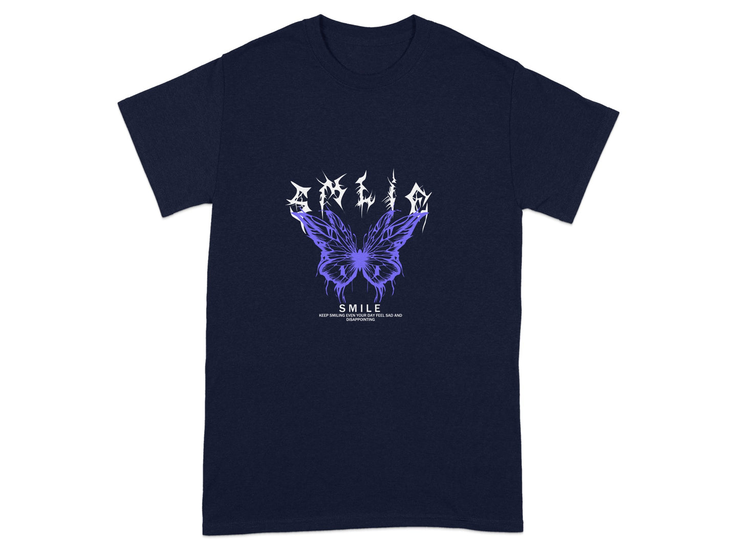 Butterfly Graphic Art Smile Dark Blue T-Shirt