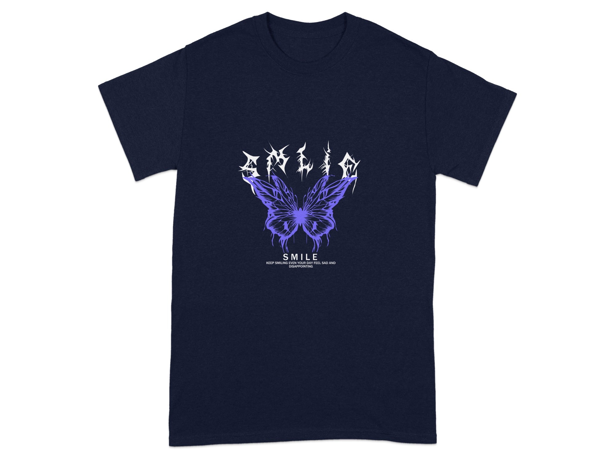 Butterfly Graphic Art Smile Dark Blue T-Shirt