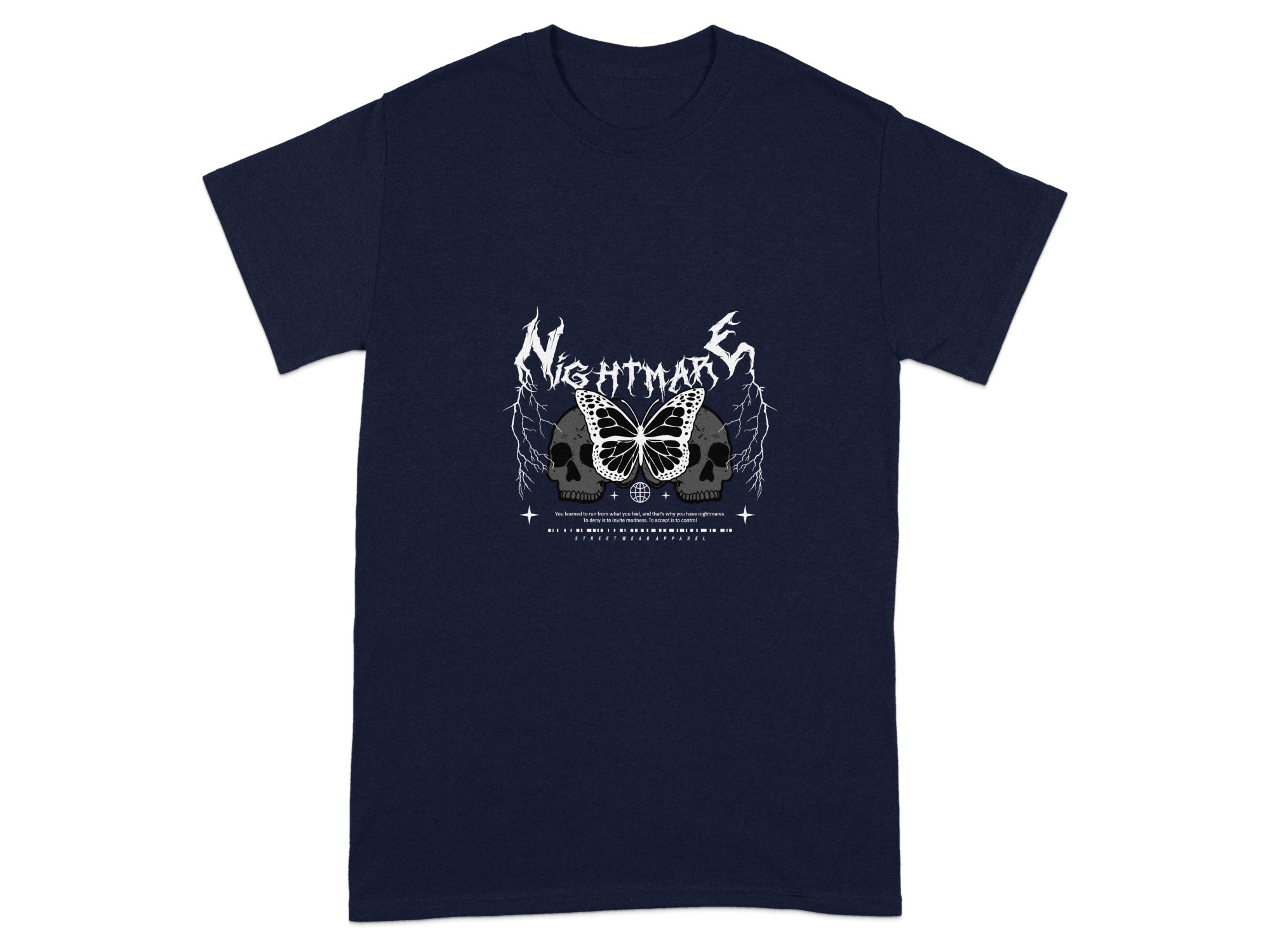 Dark Blue Nightmare Skull Butterfly Graphic T-Shirt