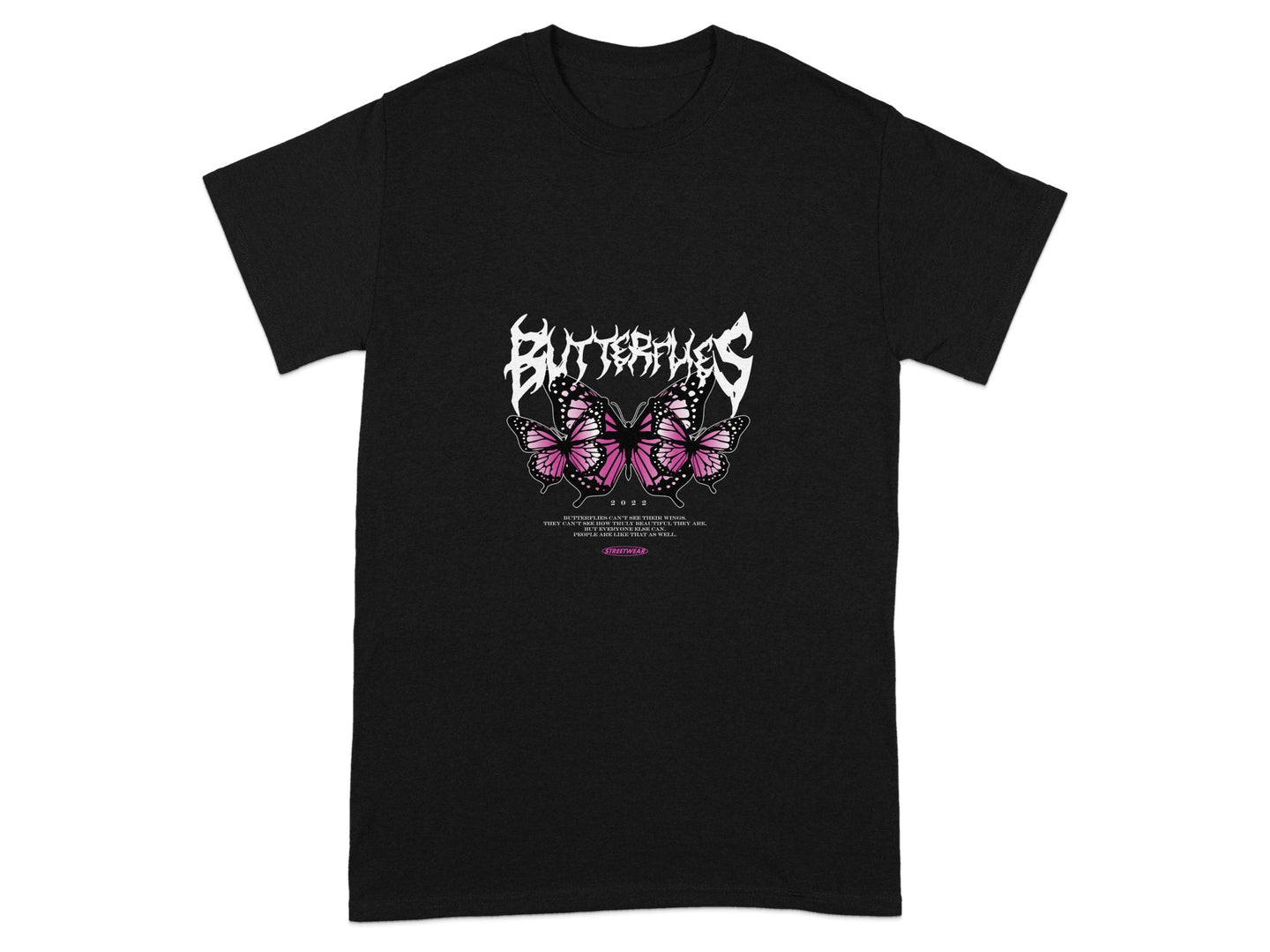 Black T-shirt with Pink and Purple Butterflies Design