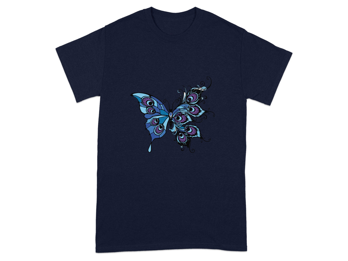 Blue Butterfly with Artistic Design on Navy T-shirt