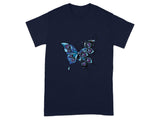 Blue Butterfly with Artistic Design on Navy T-shirt