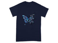 Blue Butterfly with Artistic Design on Navy T-shirt