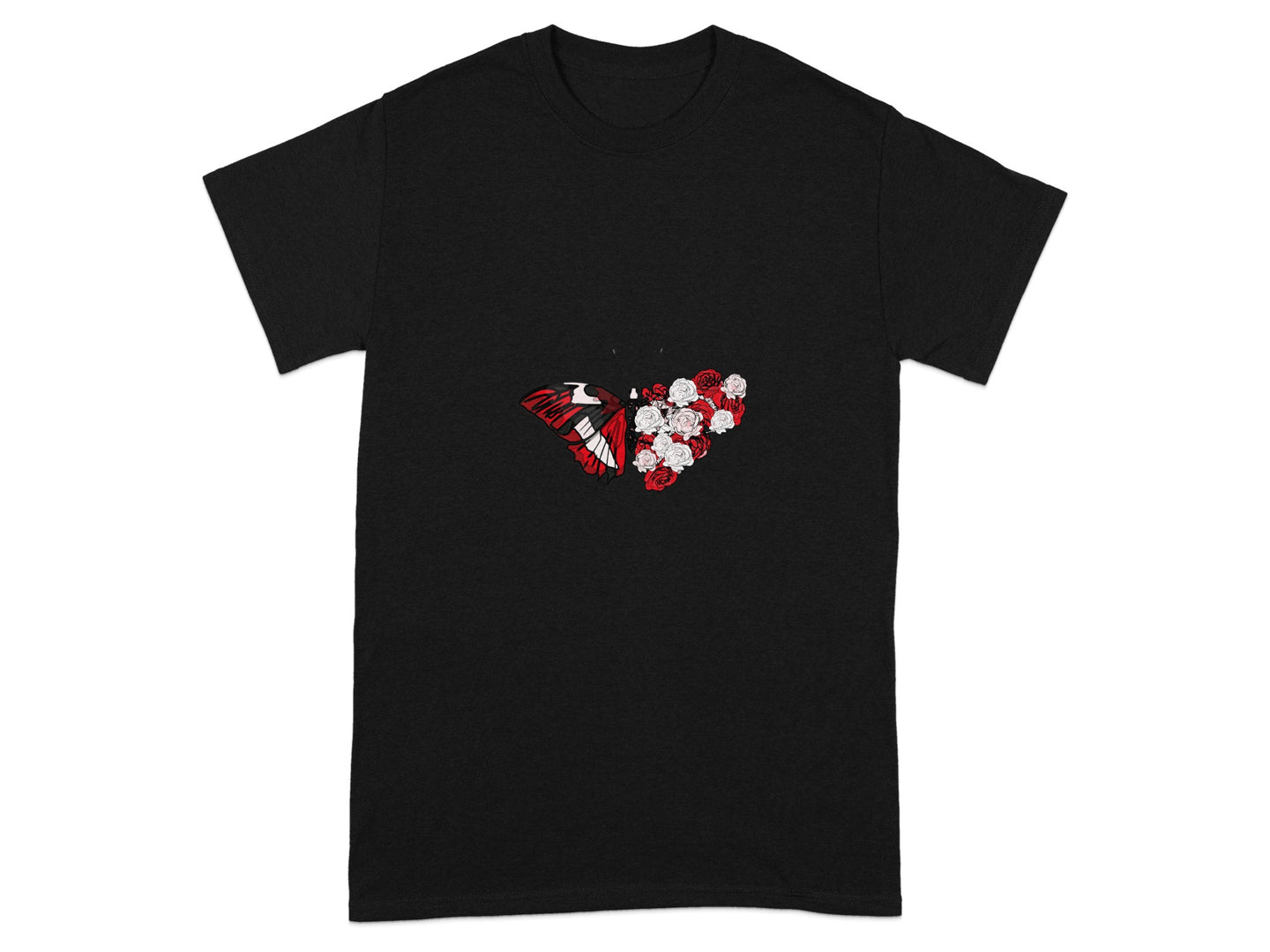 Artistic Red Butterfly and Roses Graphic T-shirt