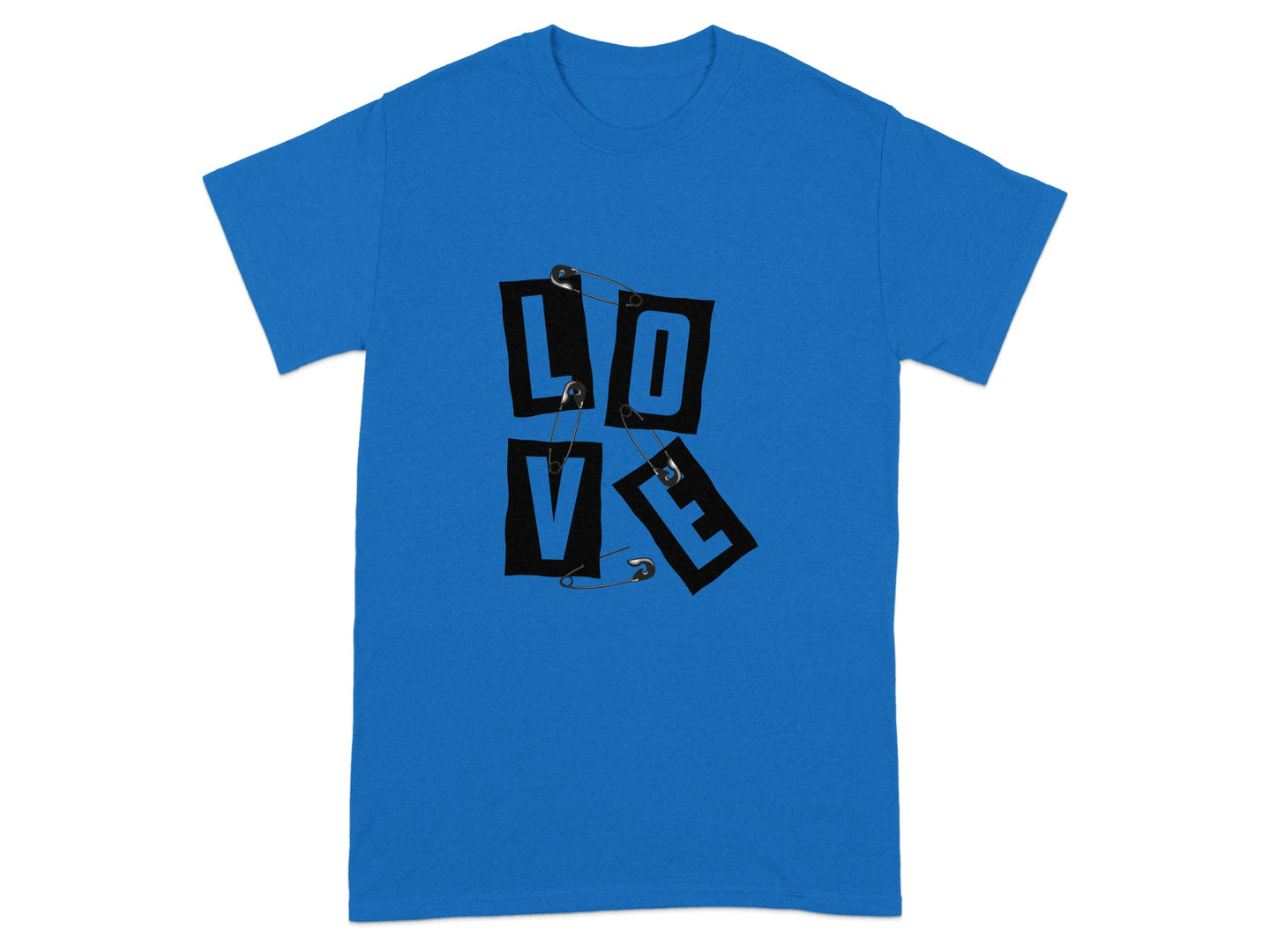 Blue T-Shirt with Love and Safety Pins Graphic Design