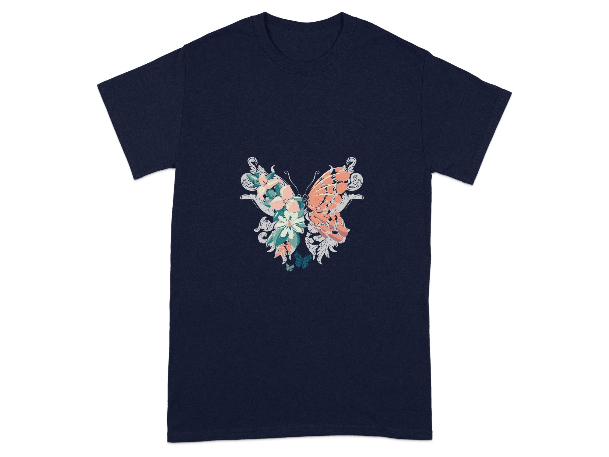 Enchanting butterfly graphic on dark blue t-shirt product