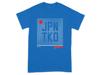 Vibrant Blue Graphic Tee with Unique Text Pattern
