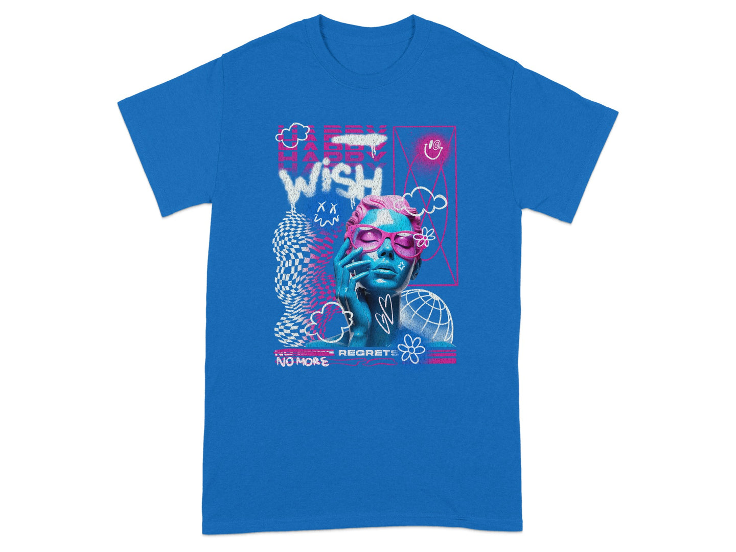 Trendy Blue Graphic Tee with Unique Artwork Design