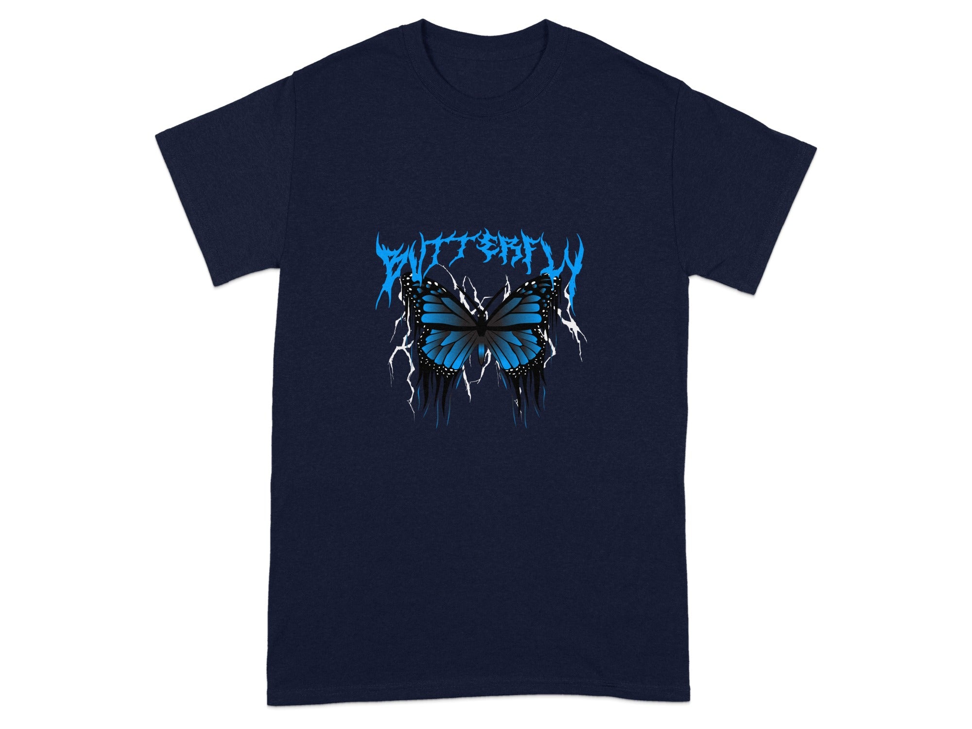 Striking Blue Butterfly Design on Black T-Shirt