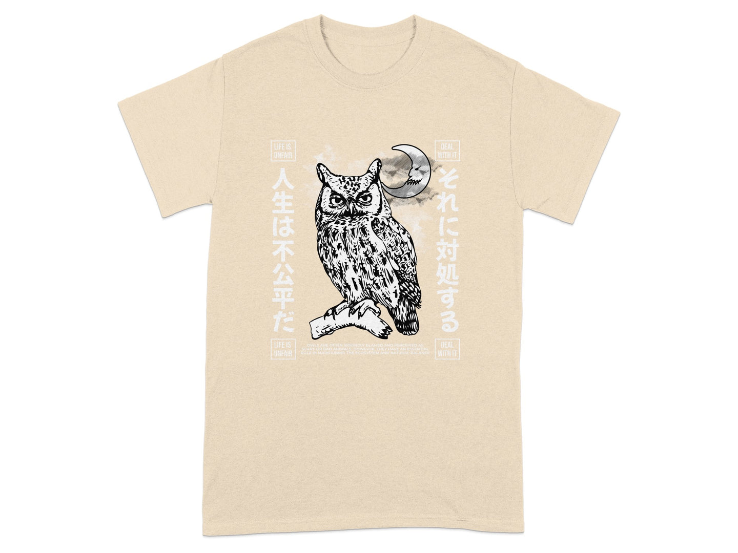 Owl with Moon Scene Graphic Japanese Text Tee