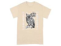 Owl with Moon Scene Graphic Japanese Text Tee