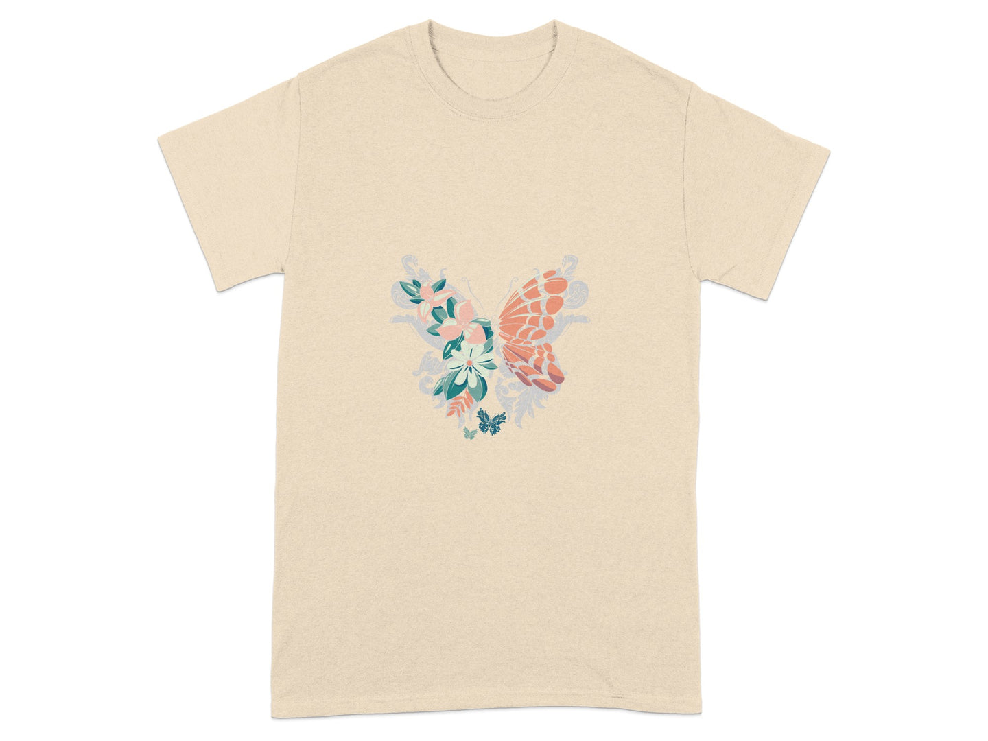 Butterfly and Flower Design on Beige T-shirt