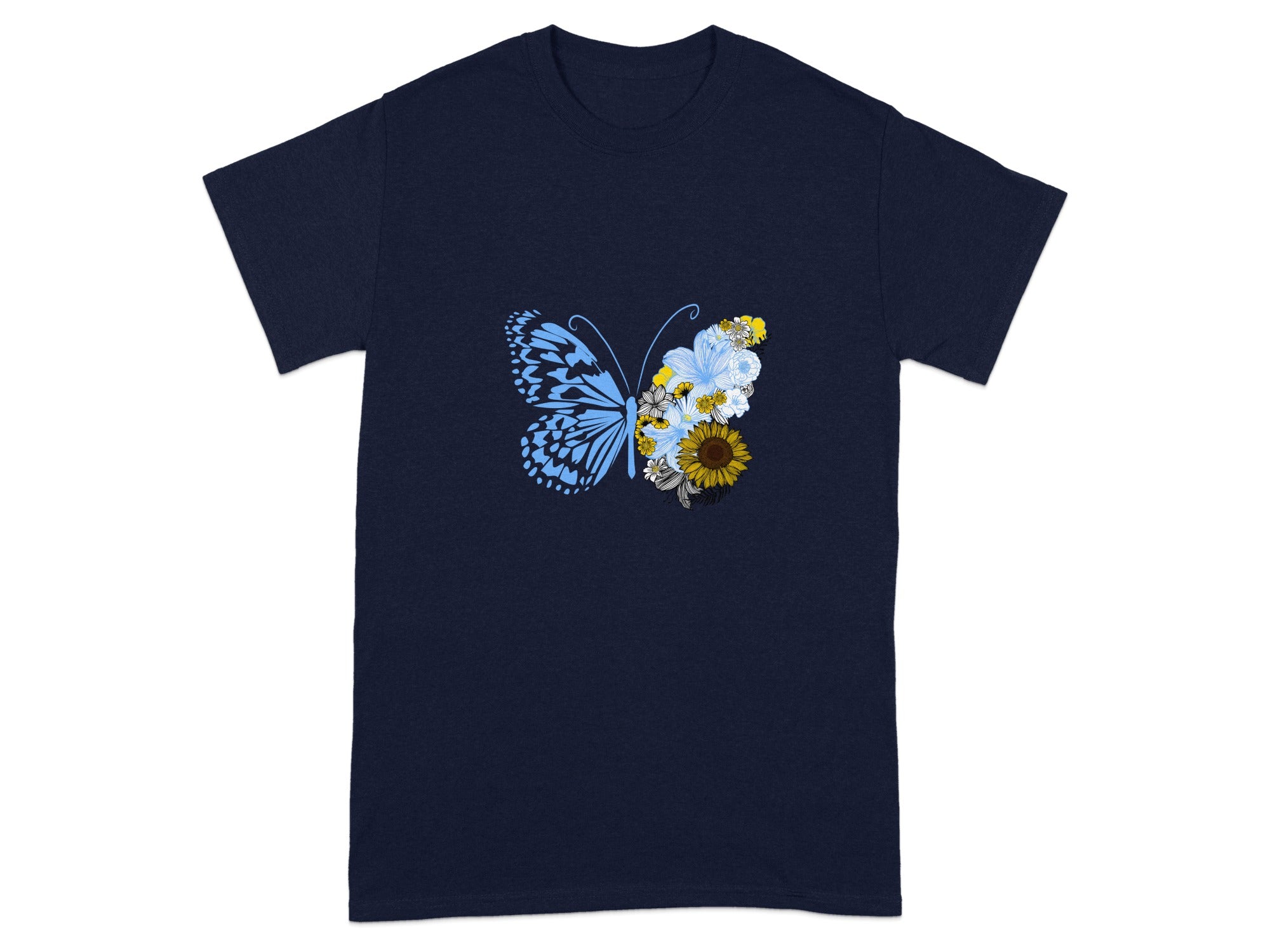 Blue Butterfly and Sunflower Flower Graphic shirt